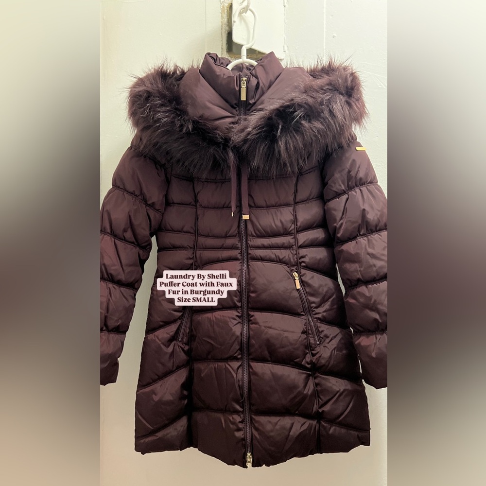 Laundry By Shelli Segal Burgundy Puffer Coat with Faux Fur
